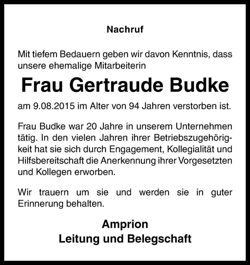  Traueranzeige für Gertraude Budke vom 24.08.2015 aus Neue Osnabrücker Zeitung GmbH & Co. KG