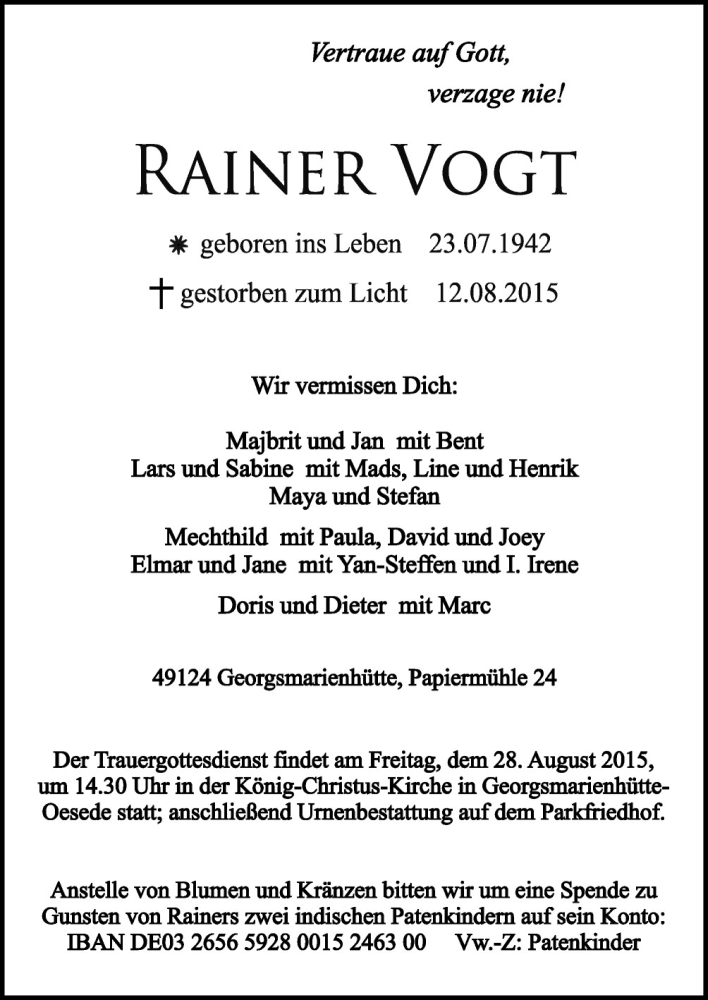  Traueranzeige für Rainer Vogt vom 22.08.2015 aus Neue Osnabrücker Zeitung GmbH & Co. KG