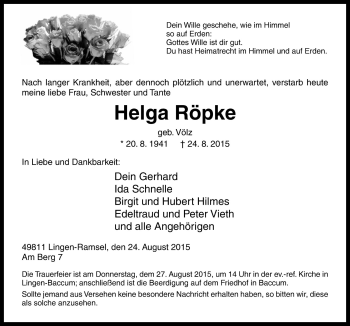 Traueranzeige von Helga Röpke von Neue Osnabrücker Zeitung GmbH & Co. KG