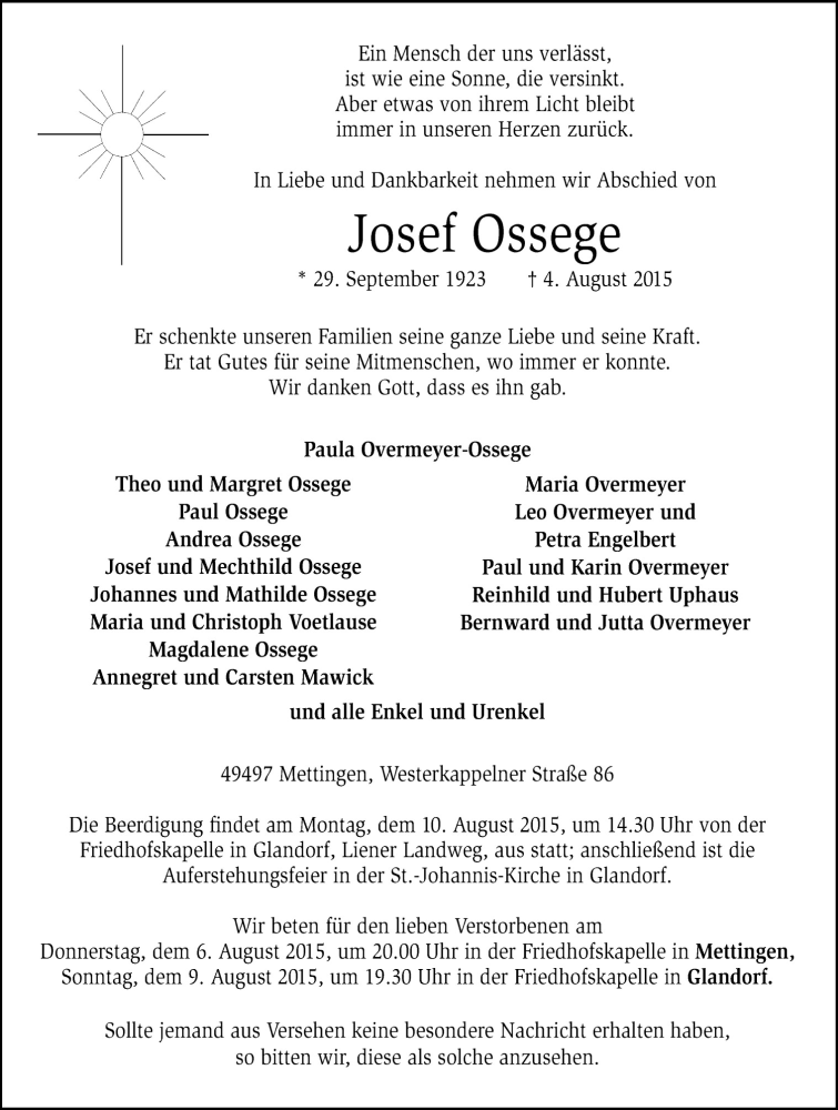  Traueranzeige für Josef Ossege vom 06.08.2015 aus Neue Osnabrücker Zeitung GmbH & Co. KG