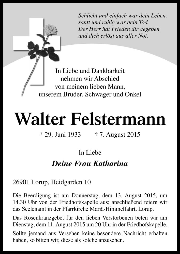  Traueranzeige für Walter Felstermann vom 11.08.2015 aus Neue Osnabrücker Zeitung GmbH & Co. KG