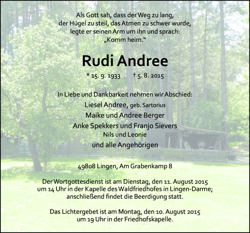  Traueranzeige für Rudi Andree vom 08.08.2015 aus Neue Osnabrücker Zeitung GmbH & Co. KG