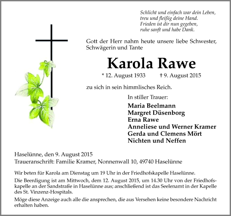  Traueranzeige für Karola Rawe vom 11.08.2015 aus Neue Osnabrücker Zeitung GmbH & Co. KG