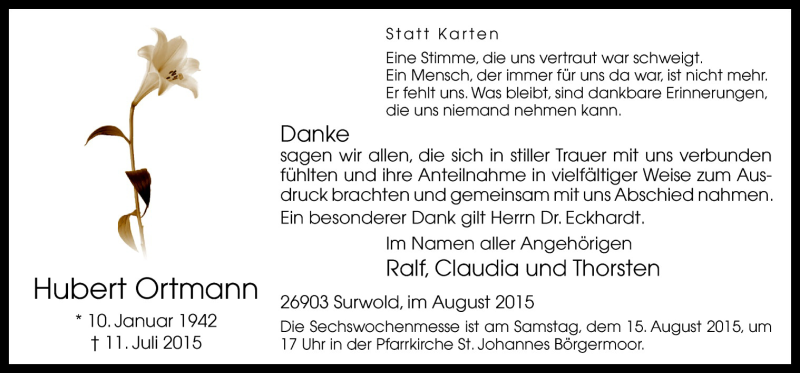  Traueranzeige für Hubert Ortmann vom 12.08.2015 aus Neue Osnabrücker Zeitung GmbH & Co. KG