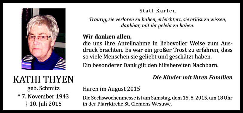  Traueranzeige für Kathi Thyen vom 11.08.2015 aus Neue Osnabrücker Zeitung GmbH & Co. KG