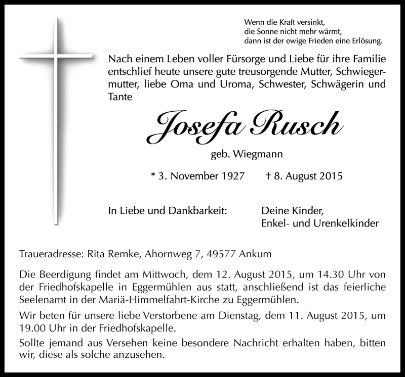  Traueranzeige für Josefa Rusch vom 10.08.2015 aus Neue Osnabrücker Zeitung GmbH & Co. KG