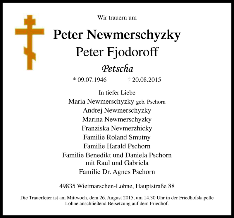  Traueranzeige für Peter Newmerschyzky vom 25.08.2015 aus Neue Osnabrücker Zeitung GmbH & Co. KG
