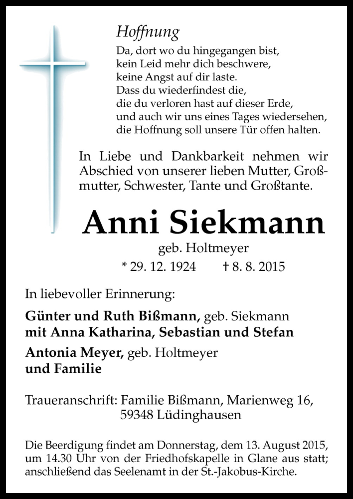 Traueranzeige für Anni Siekmann vom 11.08.2015 aus Neue Osnabrücker Zeitung GmbH & Co. KG