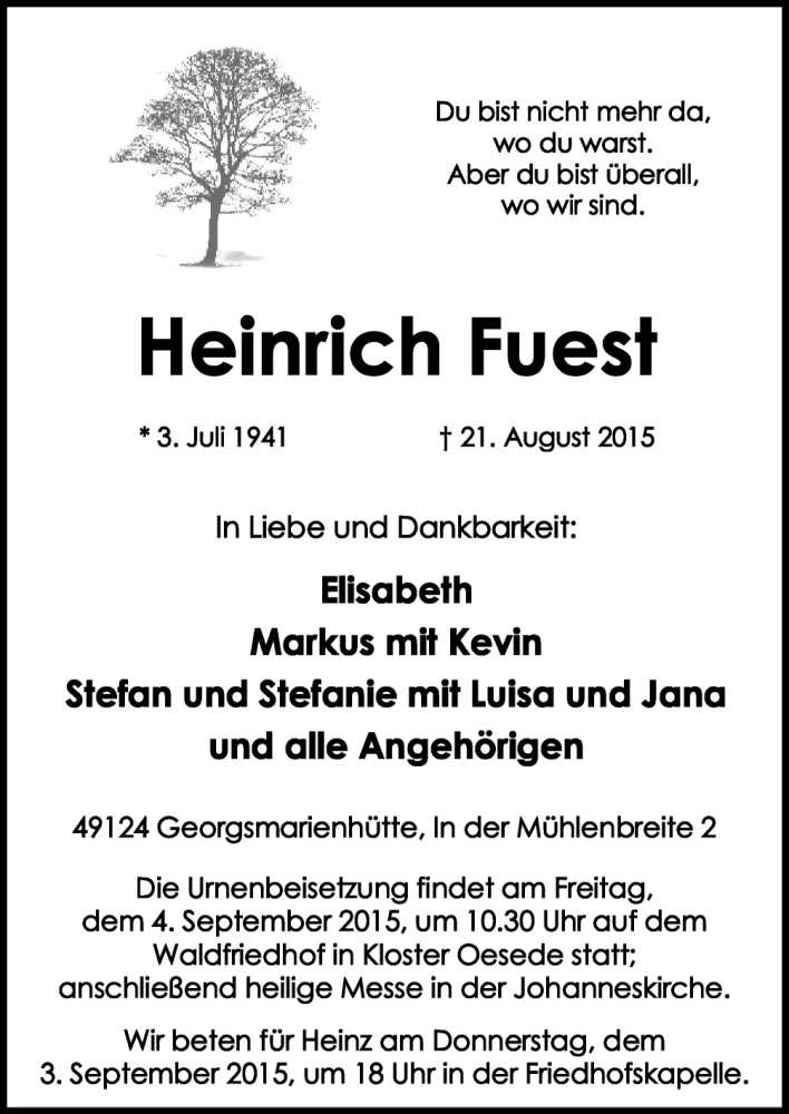  Traueranzeige für Heinrich Fuest vom 26.08.2015 aus Neue Osnabrücker Zeitung GmbH & Co. KG