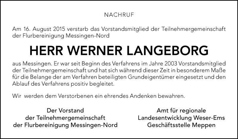  Traueranzeige für Werner Langeborg vom 20.08.2015 aus Neue Osnabrücker Zeitung GmbH & Co. KG