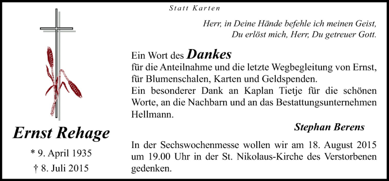  Traueranzeige für Ernst Rehage vom 15.08.2015 aus Neue Osnabrücker Zeitung GmbH & Co. KG