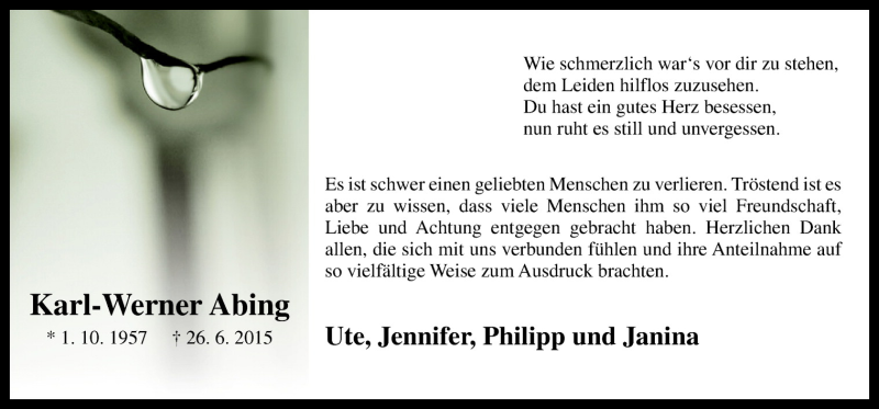  Traueranzeige für Karl-Werner Abing vom 22.08.2015 aus Neue Osnabrücker Zeitung GmbH & Co. KG