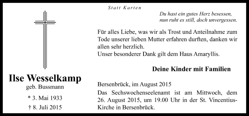  Traueranzeige für Ilse Wesselkamp vom 22.08.2015 aus Neue Osnabrücker Zeitung GmbH & Co. KG