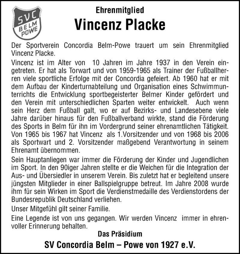  Traueranzeige für Vincenz Placke vom 07.08.2015 aus Neue Osnabrücker Zeitung GmbH & Co. KG