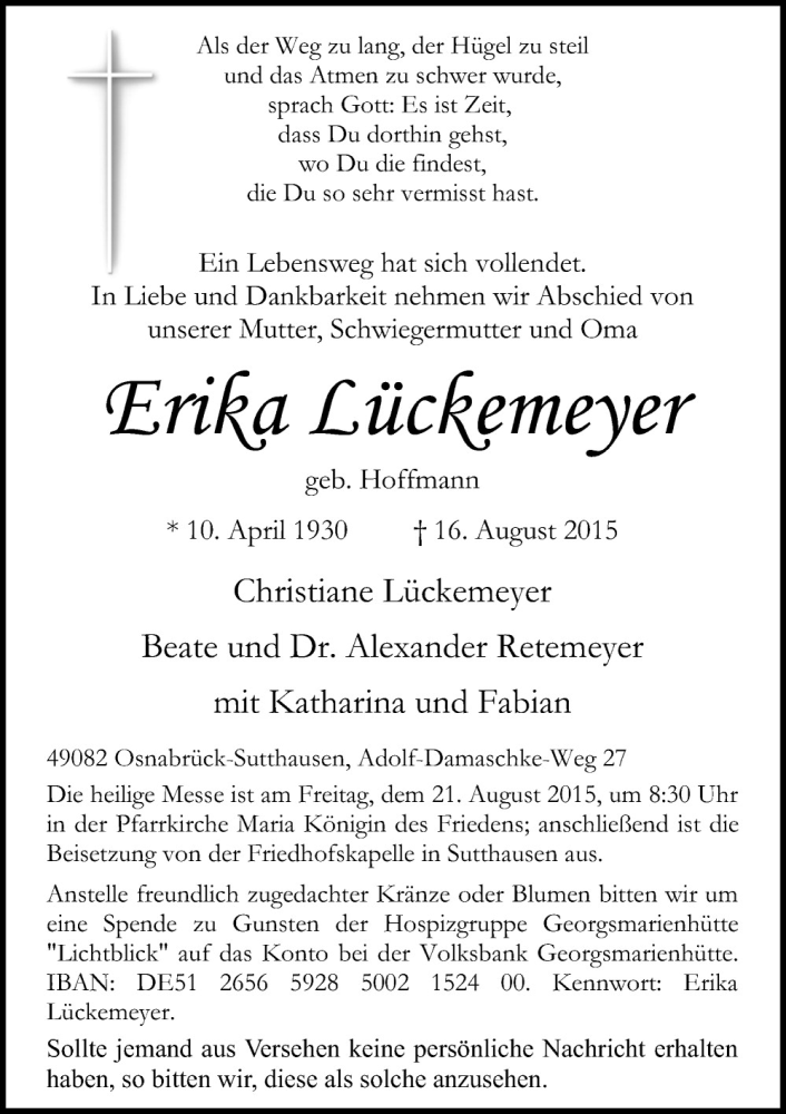  Traueranzeige für Erika Lückemeyer vom 19.08.2015 aus Neue Osnabrücker Zeitung GmbH & Co. KG