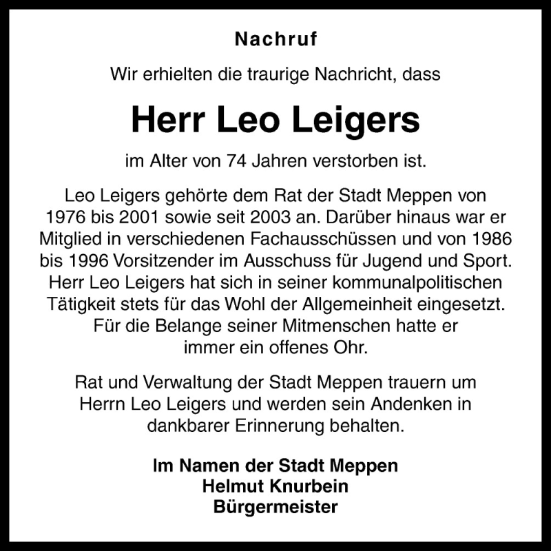  Traueranzeige für Leo Leigers vom 08.08.2015 aus Neue Osnabrücker Zeitung GmbH & Co. KG