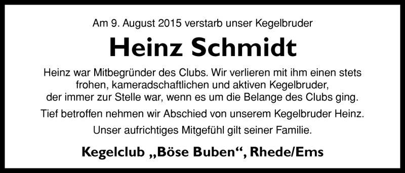  Traueranzeige für Heinz Schmidt vom 12.08.2015 aus Neue Osnabrücker Zeitung GmbH & Co. KG
