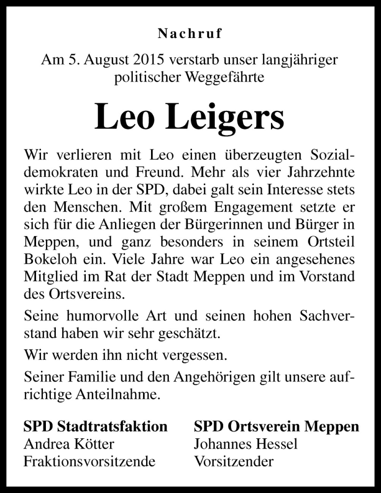  Traueranzeige für Leo Leigers vom 10.08.2015 aus Neue Osnabrücker Zeitung GmbH & Co. KG