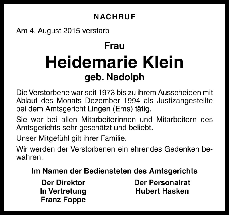  Traueranzeige für Heidemarie Klein vom 12.08.2015 aus Neue Osnabrücker Zeitung GmbH & Co. KG
