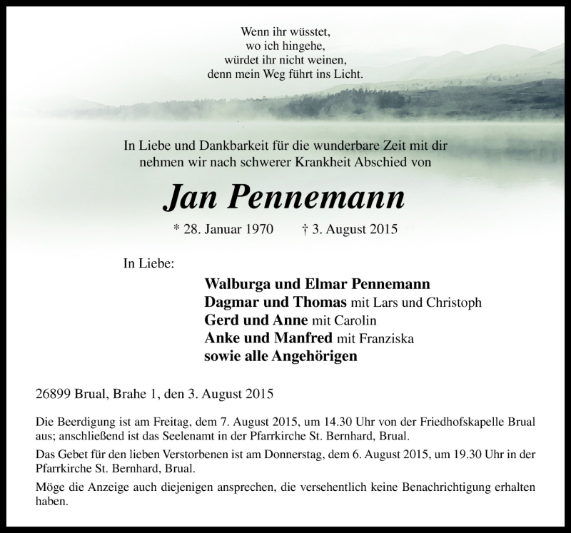  Traueranzeige für Jan Pennemann vom 05.08.2015 aus Neue Osnabrücker Zeitung GmbH & Co. KG