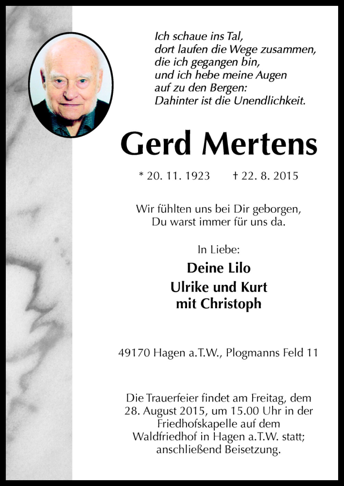  Traueranzeige für Gerd Mertens vom 26.08.2015 aus Neue Osnabrücker Zeitung GmbH & Co. KG