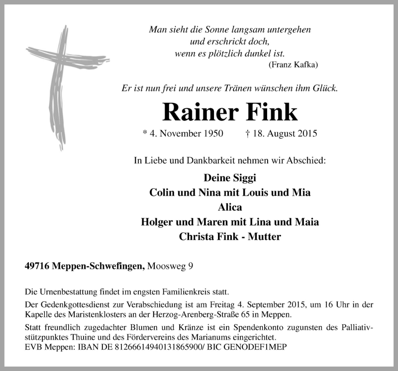  Traueranzeige für Rainer Fink vom 29.08.2015 aus Neue Osnabrücker Zeitung GmbH & Co. KG