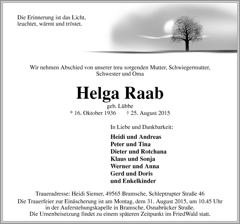  Traueranzeige für Helga Raab vom 28.08.2015 aus Neue Osnabrücker Zeitung GmbH & Co. KG