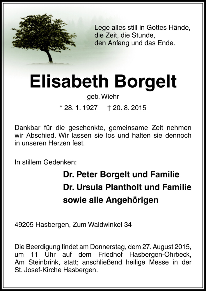  Traueranzeige für Elisabeth Borgelt vom 24.08.2015 aus Neue Osnabrücker Zeitung GmbH & Co. KG