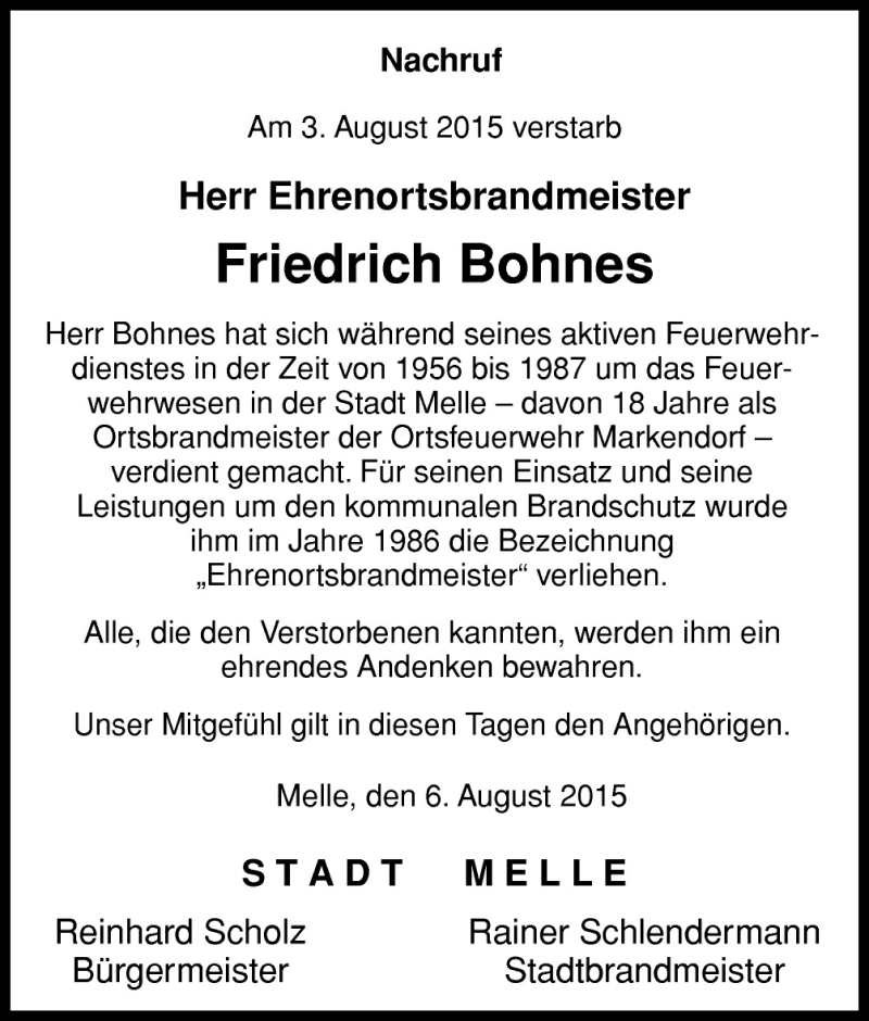  Traueranzeige für Friedrich Bohnes vom 07.08.2015 aus Neue Osnabrücker Zeitung GmbH & Co. KG