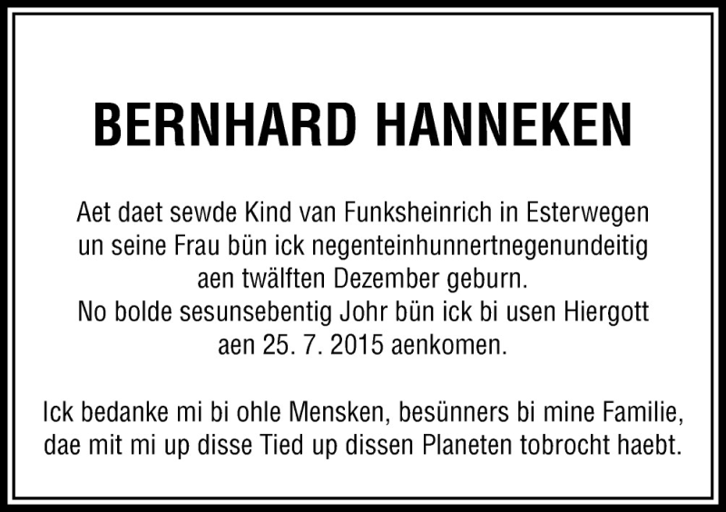  Traueranzeige für Bernhard Hanneken vom 26.08.2015 aus Neue Osnabrücker Zeitung GmbH & Co. KG