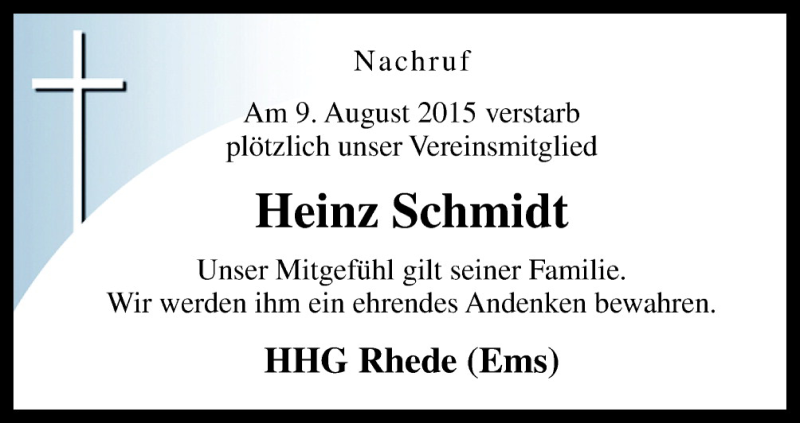  Traueranzeige für Heinz Schmidt vom 14.08.2015 aus Neue Osnabrücker Zeitung GmbH & Co. KG