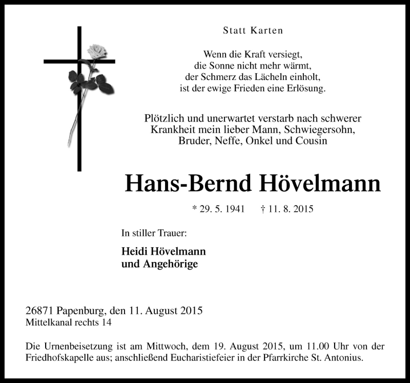  Traueranzeige für Hans-Bernd Hövelmann vom 13.08.2015 aus Neue Osnabrücker Zeitung GmbH & Co. KG