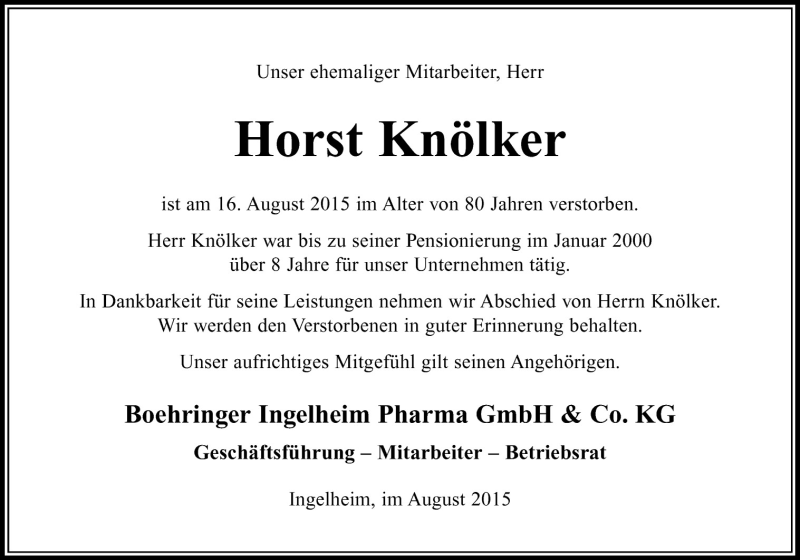  Traueranzeige für Horst Knölker vom 29.08.2015 aus Neue Osnabrücker Zeitung GmbH & Co. KG