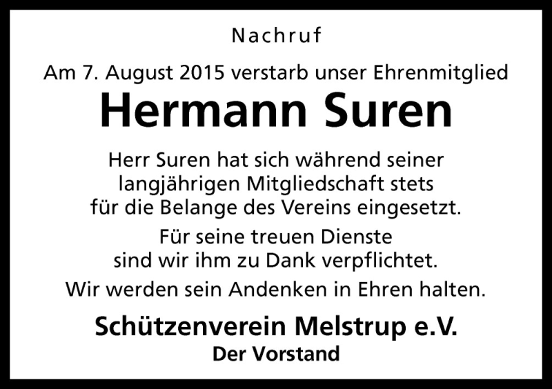  Traueranzeige für Hermann Suren vom 11.08.2015 aus Neue Osnabrücker Zeitung GmbH & Co. KG