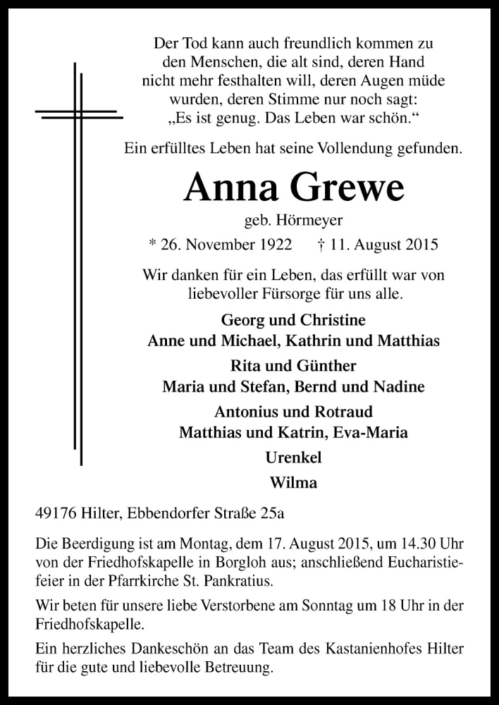  Traueranzeige für Anna Grewe vom 14.08.2015 aus Neue Osnabrücker Zeitung GmbH & Co. KG