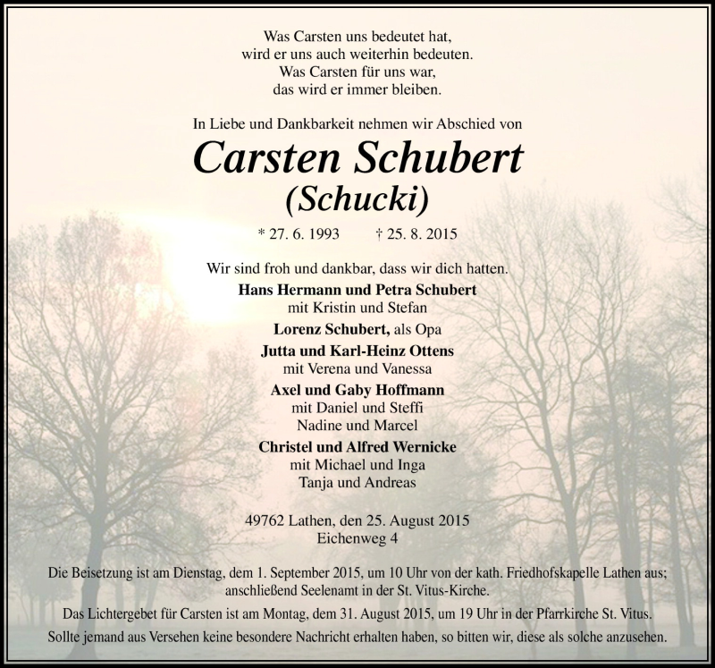  Traueranzeige für Carsten Schubert vom 29.08.2015 aus Neue Osnabrücker Zeitung GmbH & Co. KG
