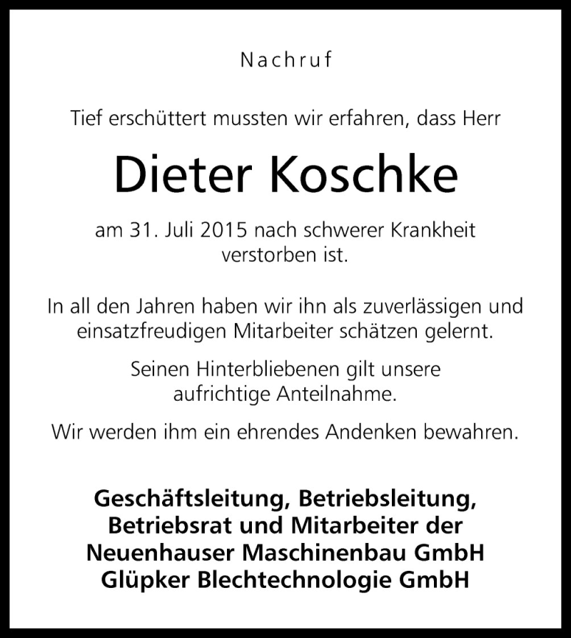  Traueranzeige für Dieter Koschke vom 08.08.2015 aus Neue Osnabrücker Zeitung GmbH & Co. KG