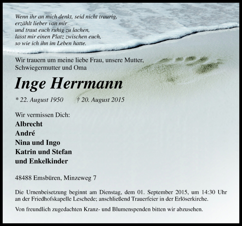  Traueranzeige für Inge Herrmann vom 27.08.2015 aus Neue Osnabrücker Zeitung GmbH & Co. KG