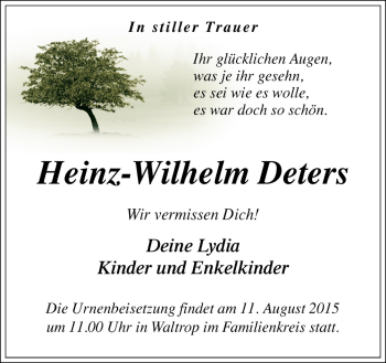 Traueranzeige von Heinz-Wilhelm Deters von Neue Osnabrücker Zeitung GmbH & Co. KG