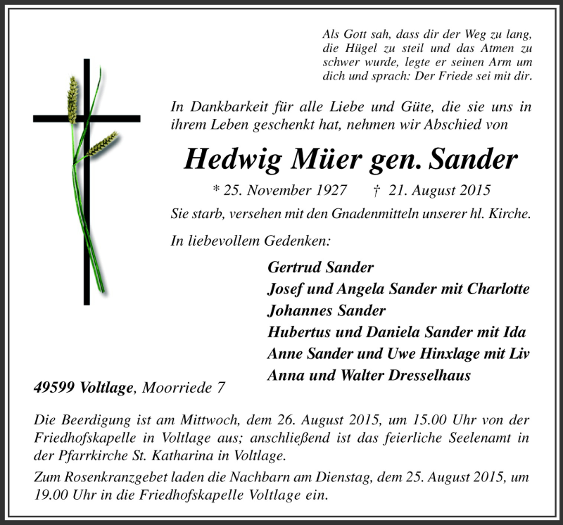  Traueranzeige für Hedwig Müer vom 24.08.2015 aus Neue Osnabrücker Zeitung GmbH & Co. KG