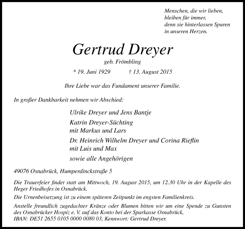  Traueranzeige für Gertrud Dreyer vom 15.08.2015 aus Neue Osnabrücker Zeitung GmbH & Co. KG