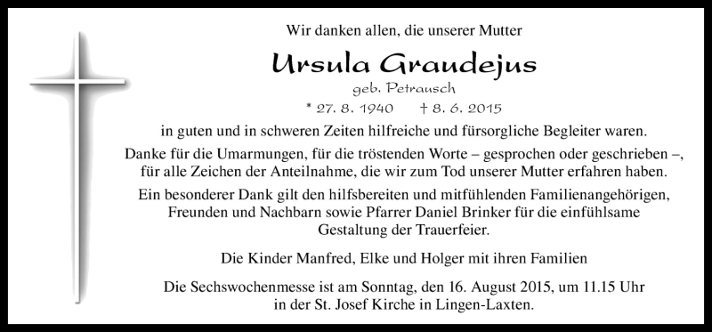  Traueranzeige für Ursula Graudejus vom 08.08.2015 aus Neue Osnabrücker Zeitung GmbH & Co. KG