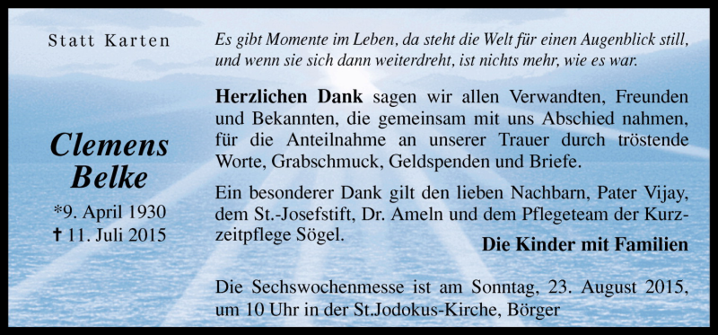  Traueranzeige für Clemens Belke vom 22.08.2015 aus Neue Osnabrücker Zeitung GmbH & Co. KG