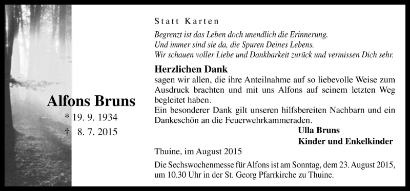  Traueranzeige für Alfons Bruns vom 19.08.2015 aus Neue Osnabrücker Zeitung GmbH & Co. KG