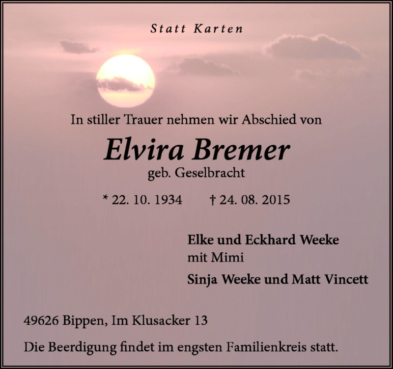  Traueranzeige für Elvira Bremer vom 26.08.2015 aus Neue Osnabrücker Zeitung GmbH & Co. KG