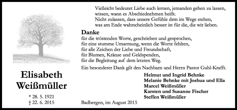  Traueranzeige für Elisabeth Weißmüller vom 15.08.2015 aus Neue Osnabrücker Zeitung GmbH & Co. KG
