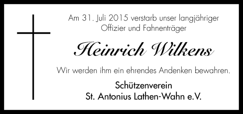  Traueranzeige für Heinrich Wilkens vom 06.08.2015 aus Neue Osnabrücker Zeitung GmbH & Co. KG
