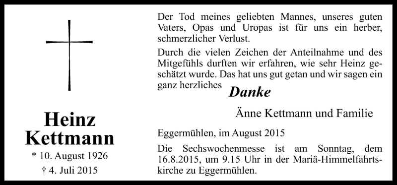  Traueranzeige für Heinz Kettmann vom 06.08.2015 aus Neue Osnabrücker Zeitung GmbH & Co. KG