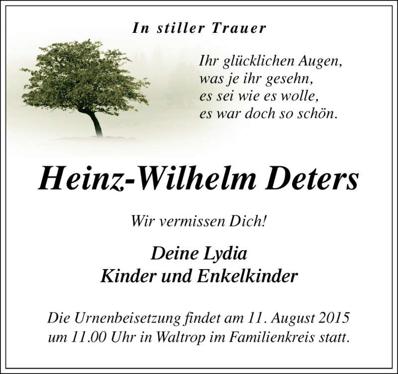  Traueranzeige für Heinz-Wilhelm Deters vom 07.08.2015 aus Neue Osnabrücker Zeitung GmbH & Co. KG