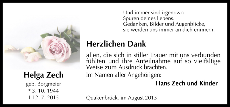  Traueranzeige für Helga Zech vom 29.08.2015 aus Neue Osnabrücker Zeitung GmbH & Co. KG